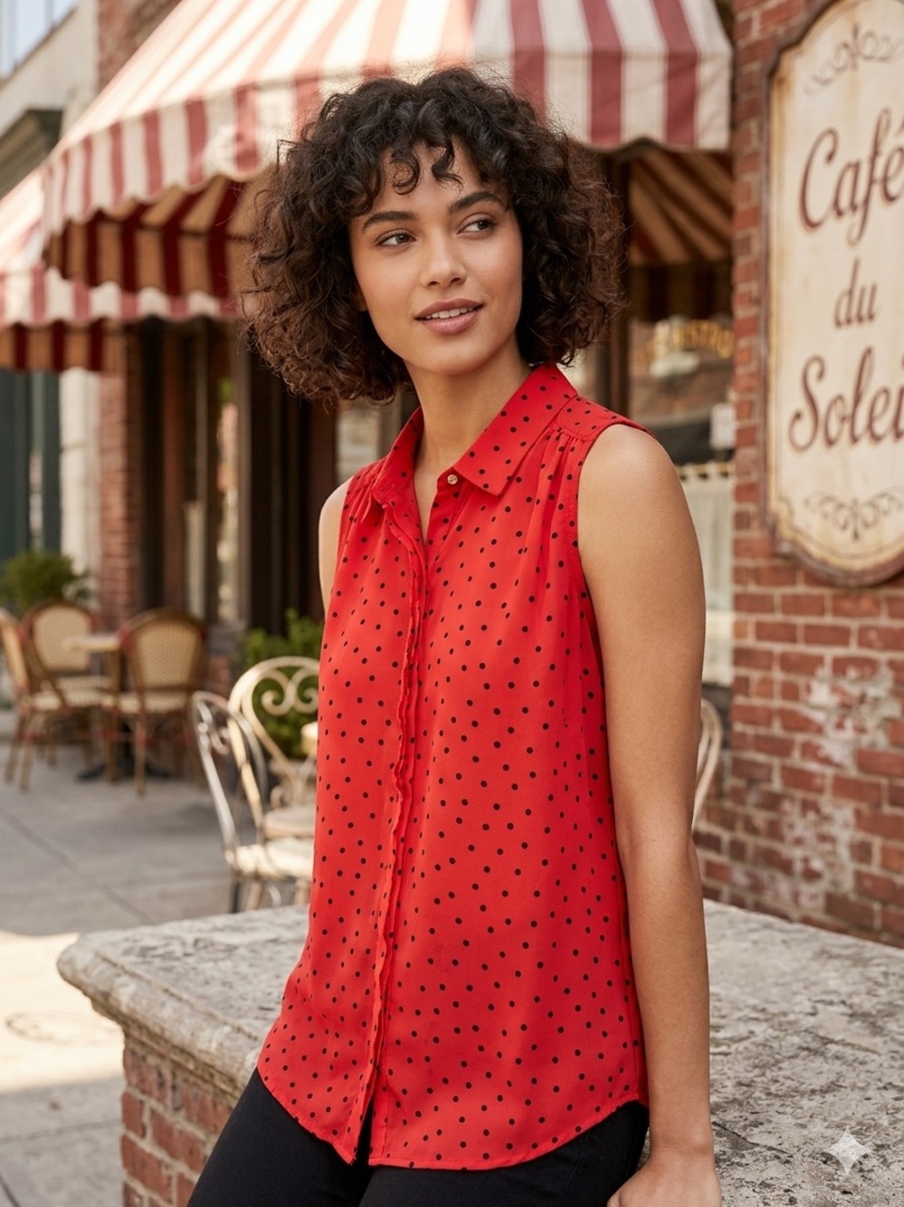 Red Sleeveless Polka Dot blouse - large
